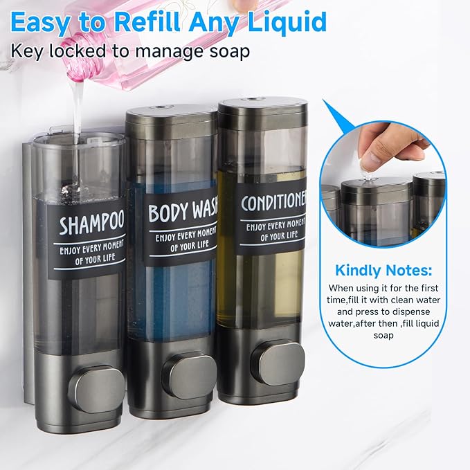 Shampoo and Conditioner Dispenser,GlintGath Shower Dispenser 3 Chamber No Drill Shampoo Dispenser for Shower Wall Mounted Shower Soap Dispenser for Bathroom Hotel,3 * 300ML,Gun Gray