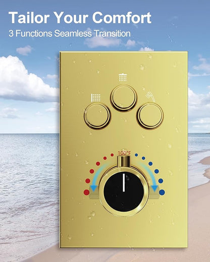 Thermostatic Shower System, Dual Rainfall Shower Heads for Ceilling & Wall Mounted with Handheld Sprayer, Brushed Gold