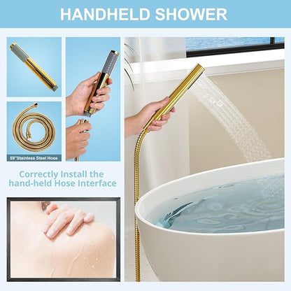 Freestanding Bathtub Faucet, Floor Mount Bathtub Faucet with 2 Water Outlet Modes, Swivel Gooseneck Spout with Hand Shower, Brass Single Handle Tub filler, Max Flow Rate 7.4 GPM, Gold