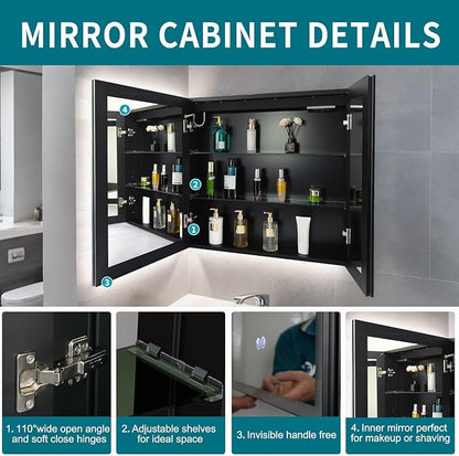 Lighted Medicine Cabinet with Mirror, 28 x 30 inch LED Bathroom Cabinet with Anti-Fog, Dimmable 3 Colors Front & Bottom Light, Buit-in Sockets & USBs, 2 Shelves, Plug-in or Hardwired