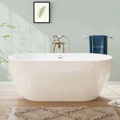 FerdY Bali 59" Acrylic Freestanding Bathtub,Gracefully Shaped Freestanding Soaking tub, Glossy White, cUPC Certified, Chrome Drain & Classic Slooted Overflow Assembly Included