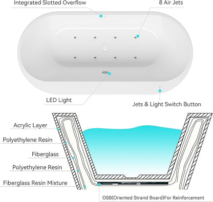 FerdY Mauritius 67 Inch Acrylic Freestanding Whirlpool Bathtub, Oval with 8 Water SPA Jets Morden White Stand Alone Jetted Tub, Luxury Acrylic Free Stand Deep Soaking Bath Tub with LED Light