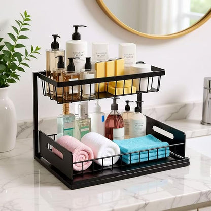 Under Sink Organizer Pull Out Kitchen Sink Organizer, 2 Tier L-Shape Bathroom Organizers and Storage with Sliding Drawer for Kitchen Bathroom Pantry (Black, 1 Pack)