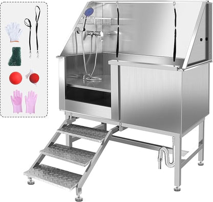 50 Inch Stainless Steel Dog Washing Station, Professional Grooming Tub with Stairs for Large Dogs, Home Bathtub for Pets with Hot & Cold Faucet