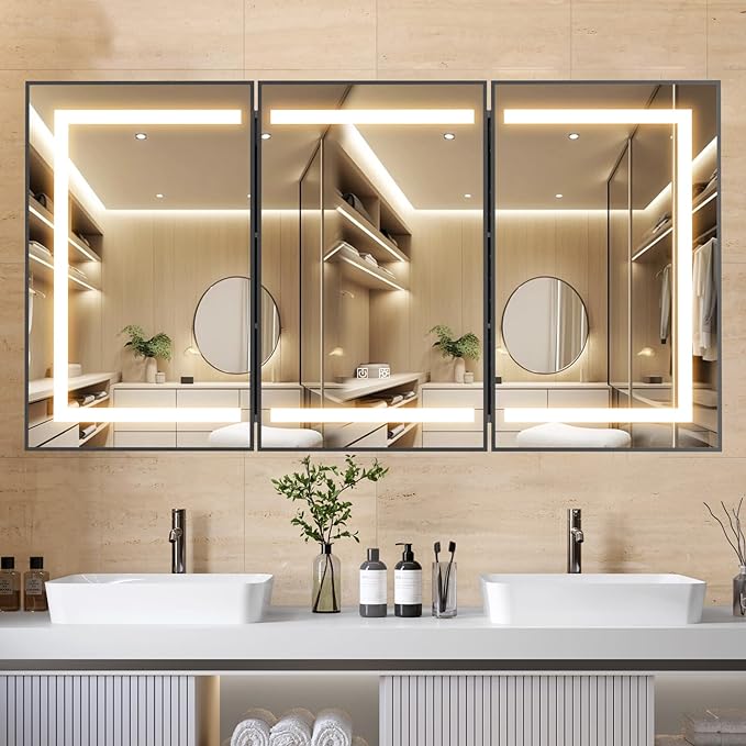 APRILSOUL 60X32 Inch Black Bathroom Medicine Cabinet with Mirror, Recessed or Surface Lighted Medicine Cabinet with 3 Colors Temperature, Dimmable Light