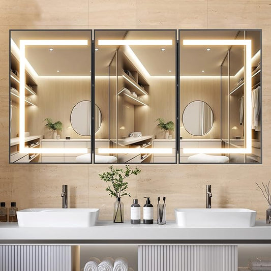APRILSOUL 60X32 Inch Black Bathroom Medicine Cabinet with Mirror, Recessed or Surface Lighted Medicine Cabinet with 3 Colors Temperature, Dimmable Light