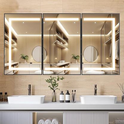 APRILSOUL 48X32 Inch Black Bathroom Medicine Cabinet with Mirror, Recessed or Surface Lighted Medicine Cabinet with 3 Colors Temperature, Dimmable Light