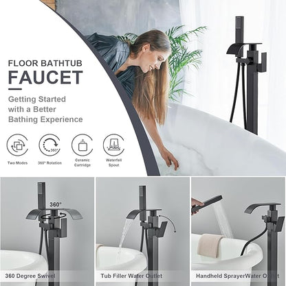 Senlesen Matte Black Free Standing Tub Faucet Floor Mounted Tub Filler Faucet Brass Bathroom Tub Faucets with Hand Shower