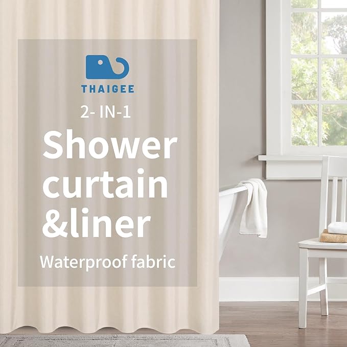 2-in-1 stall Fabric Shower Curtain or Liner,Breathable TPU & Washable,36Wx72H Narrow Linen Textured Bathroom Shower Curtain Set with 6 Plastic Hooks,Modern,36"x72" Cream