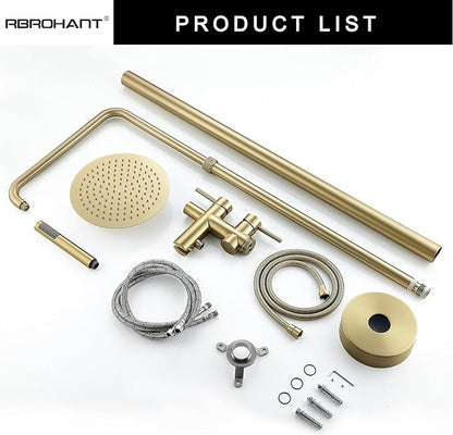 RBROHANT Freestanding Outdoor Shower Gold, Height Adjustable Stainless Steel Outdoor Showers for Backyard Garden Pool Beach, Stand Alone Outdoor Shower Hot and Cold Water, Brushed Gold, JK0456