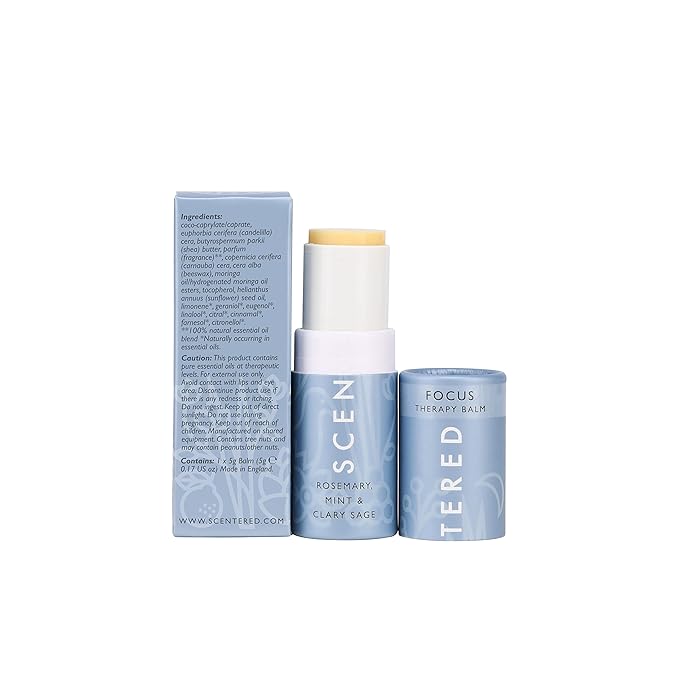 Scentered Aromatherapy Balm Stick for Focus & Concentration - Roll On Essential Oils Blend - Rosemary, Mint, Clary Sage in Shea Butter - Self-Care Stocking Stuffers for Women