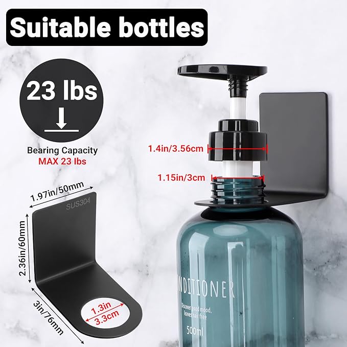 Segbeauty Adhesive Bottle Holder, 3pcs Stainless Shampoo Bottle Holder, Black Drill-Free Shower Dispenser Rack, Rustproof Shampoo and Conditioner Dispenser Wall Mount for Dia 1.15in 3cm Bottles Mouth