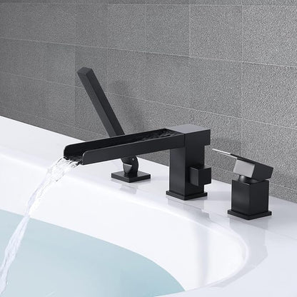 Waterfall Roman Tub Filler Faucet, Deck Mount Bathtub Filler with 360°Swivel Spout, 3 Holes Bathroom Tub Faucet with Sprayer, Matte Black