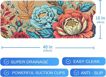 Bohemia Floral Bathtub Mat Non Slip for Kids 40x16in Extra Long Anti Slip Bath Mat for Tub Boho Flower Bath Shower Mat with Large Drain Holes and Suction Cups Vintage Plant Design Bathroom Decor