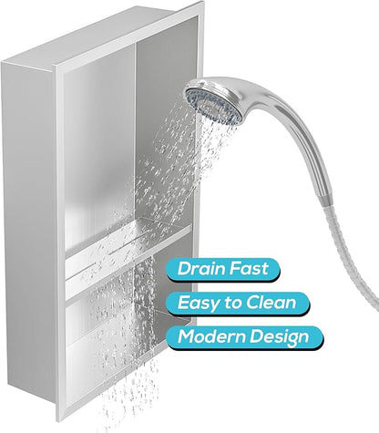 Stainless Steel Shower Niche 18" X 12", No Tile Needed Wall Niche Double Shelves, Recessed Shower Shelf for Bathroom Storage, Brushed Nickel