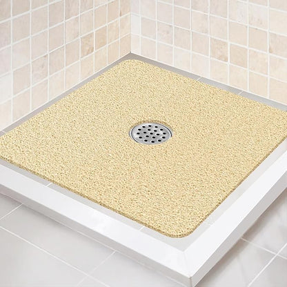 Shower Mat Non Slip,27 x 27 Inch Extra Large Bath Mat with Drain,Soft Square Loofah Shower Stall Mat Bathtub Mat for Bathroom,Without Suction Cups (Beige)