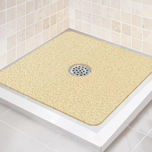 Shower Mat Non Slip,27 x 27 Inch Extra Large Bath Mat with Drain,Soft Square Loofah Shower Stall Mat Bathtub Mat for Bathroom,Without Suction Cups (Beige)