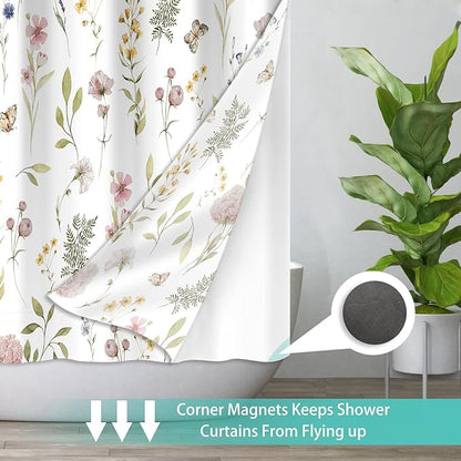 No Hook Shower Curtain Set with Snap in Fabric Liner for Bathroom,with See Through Top Window,Double Shower Curtain with Detachable Liner Replacement,Machine Washable,Floral,71x74inch