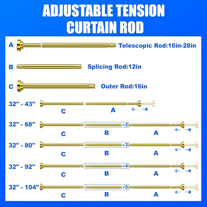 Ausemku Shower Curtain Rod - 32-92 Inch Rustproof Tension Rod, Non-Slip Spring Design, No Drilling Adjustable Curtain Rod for Bathroom, Kitchen, and Closet（Gold）