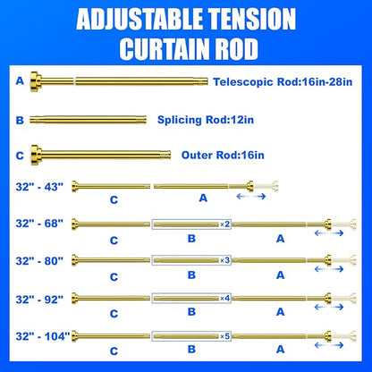 Ausemku Shower Curtain Rod - 32-68 Inch Rustproof Tension Rod, Non-Slip Spring Design, No Drilling Adjustable Curtain Rod for Bathroom, Kitchen, and Closet（Gold）