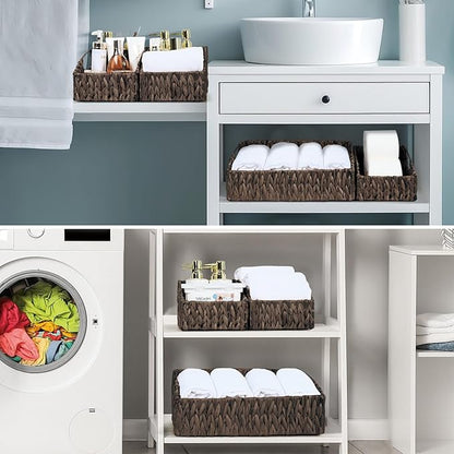 Ollieroo Natural Water Hyacinth Storage Baskets, Handwoven Wicker Storage Bins with Built-in Handles, Storage Container Baskets for Shelves, Bedroom, Bathroom, Laundry Room or Kitchen(Black)
