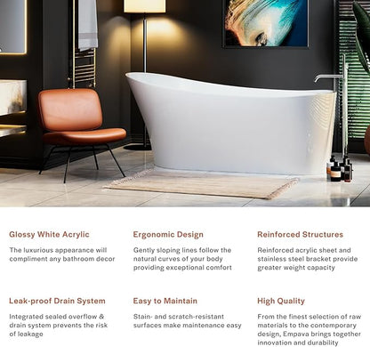 Empava Freestanding Bathtub, 67" Soaking Tub with End Drain & Overflow – Acrylic Tub, Non-Slip Flat Bottom, Glossy White, cUPC Certified