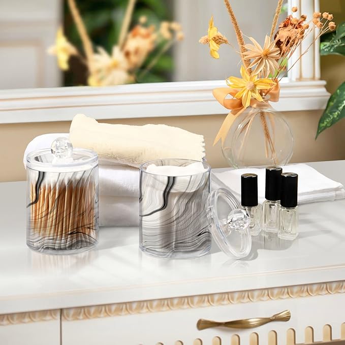 MNSRUU 2 Pack Qtip Holder Organizer Dispenser Fashion Grey Marble Bathroom Storage Canister Cotton Ball Holder Bathroom Containers for Cotton Swabs/Pads/Floss