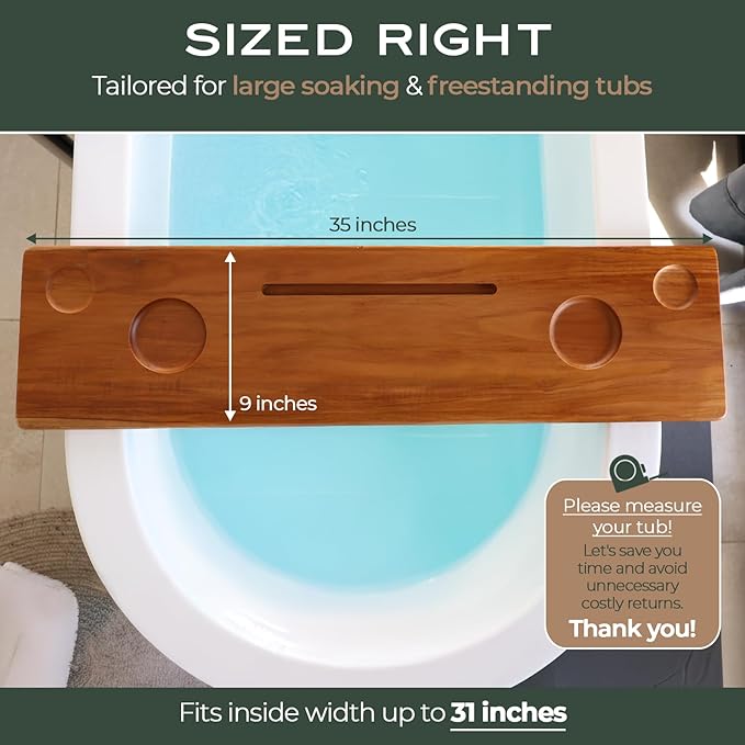 Grand Fjord | Teak Bathtub Tray for Large Soaking Tub | Extra Long 35” Luxury Bath Caddy for Freestanding Tubs | Minimalist Wooden Tub Tray with Candle Holders & Premium Towel by JapandiSpirit