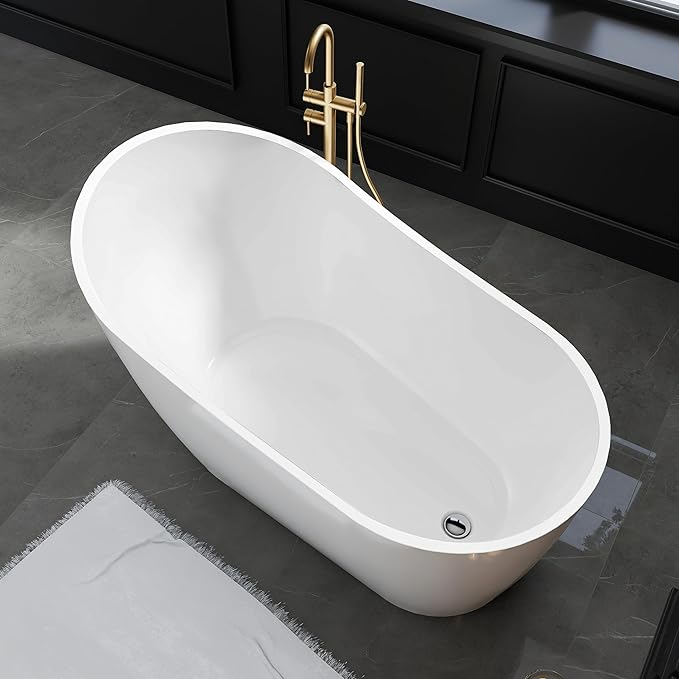 59" High-back Acrylic Freestanding Bathtubs, Stand Alone Tub, Soaking Tubs for Bathroom, Integrated Overflow and Drain, cUPC Certified, Gloss White