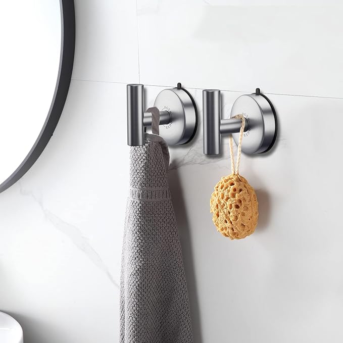 DGYB Large Suction Cup Hooks - Set of 2 Brushed Nickel Towel Hooks for Bathrooms - Stainless Steel Suction Shower Hooks - 15 Lb Removable Wall Hooks for Hanging Heavy Duty