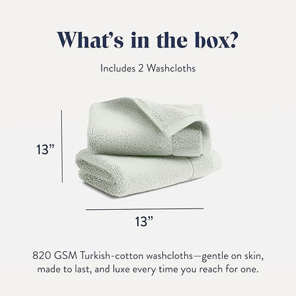 Brooklinen Super-Plush Turkish Cotton Washcloths - Set of 2 - Cotton, 820 GSM, Highly Absorbent, Machine Washable, Perfect for Home & Bathroom (13" x 13", Aloe Green)