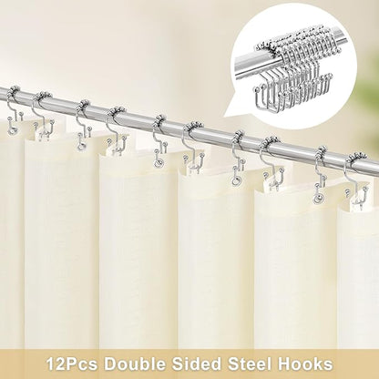 MitoVilla 3 in 1 Shower Curtain Set, Cream Boho Farmhouse Linen Textured Bath Curtain and Clear PEVA Liner Set with 12 Double Sided Steel Hooks, Waterproof Fabric Hotel Bathroom Curtain - 72x72