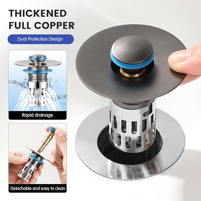 Universal Bathroom Sink Stopper, Pop Up Sink Drain Strainer Plug with Removable Stainless Steel Filter Basket Hair Catcher,Solid Brass Body,Bathroom Bathtub Drain Stopper,Gun Grey