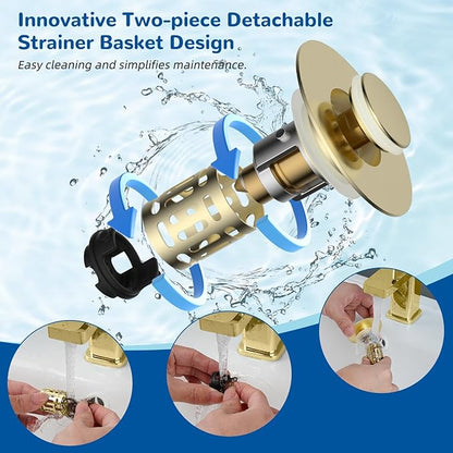 Hibbent Upgraded 3 in 1 Bathroom Sink Drain Strainer, Universal Pop Up Stopper with Removable Stainless Steel Filter Basket Hair Catcher, Sink Plug for 1.1''~2.36'' Basin, Brass Core, Brushed Gold
