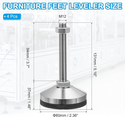 PATIKIL Furniture Leveling Feet 2.4" Dia Base M12 Thread, 4 Pcs Carbon Steel Adjustable Threaded Furniture Levelers Screw on Leg Leveler with Pads for Desk Chair Cabinet, Black/Silver