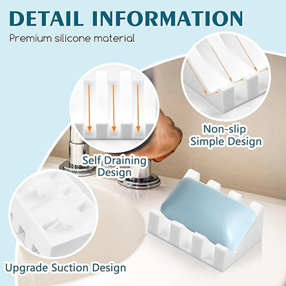 Silicone Soap Dish with Drain, Upgrade Double Suction Cups at The Bottom for Anti-Slip and Stability, Soap Dish Shower Waterfall Bar Soap Holder Tray with Drain Soap Holder (1, White)