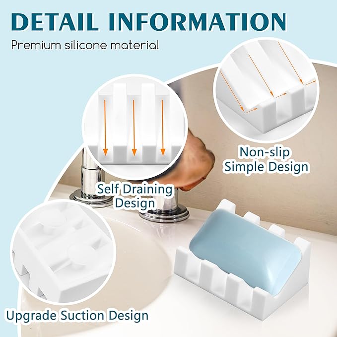 Silicone Soap Dish with Drain, Upgrade Double Suction Cups at The Bottom for Anti-Slip and Stability, Soap Dish Shower Waterfall Bar Soap Holder Tray with Drain Soap Holder (3, White)