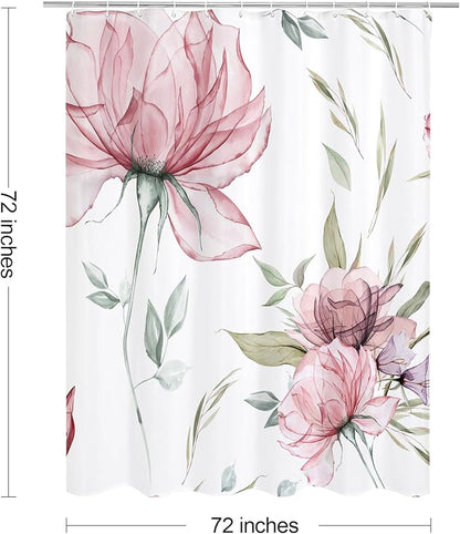 Pink and Grey Boho Watercolor Floral Shower Curtain, Ink Painting Style Blossom & Leaf Shower Curtains for Chic Elegant Bathroom, Artistic Fabric Cloth Flower Shower Curtain, 72x72