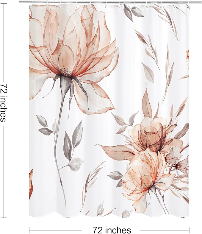 Orange and Grey Boho Watercolor Floral Shower Curtain, Ink Painting Style Blossom & Leaf Shower Curtains for Chic Elegant Bathroom, Artistic Fabric Cloth Flower Shower Curtain, 72x72