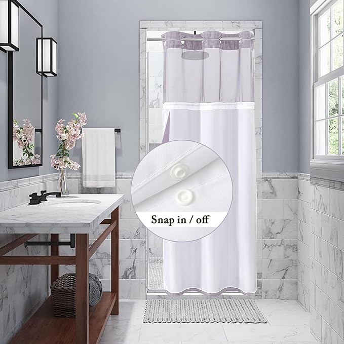Gibelle Stall Small Shower Curtain 36x74, Waffle Weave Shower Curtain with Snap-in Fabric Liner Set, No Hooks Needed, Hotel Style with Mesh Top Window, Lavender