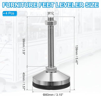 PATIKIL Furniture Leveling Feet 3.2" Dia Base M12 Thread, 4Pcs Carbon Steel Adjustable Threaded Furniture Levelers Screw on Leg Leveler with Pads for Desk Chair Cabinet,Black