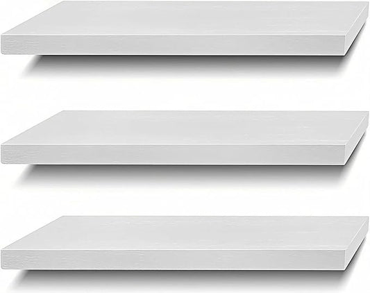 SAUMONIERES Floating Shelves Wall Shelf Solid Wood for Bathroom Bedroom Kitchen Set of 3, White Wall Shelves