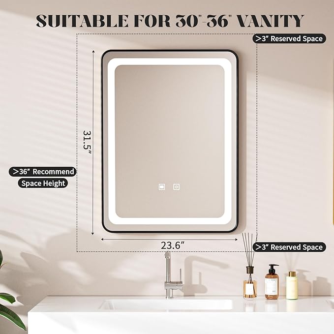 LED Bathroom Mirrors with Lights,24" x 36" Black Square LED Mirror for Bathroom,Fogless,3 Colors Dimmable, Touch Sensor