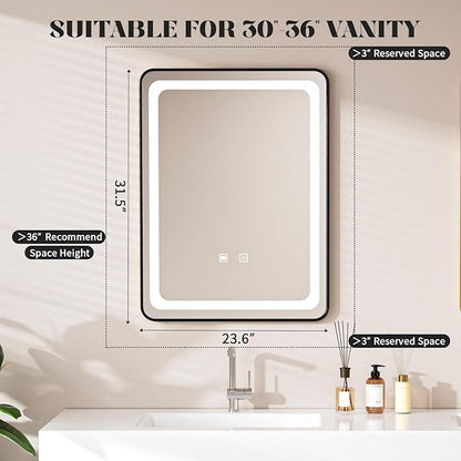 LED Bathroom Mirrors with Lights,24" x 36" Black Square LED Mirror for Bathroom,Fogless,3 Colors Dimmable, Touch Sensor