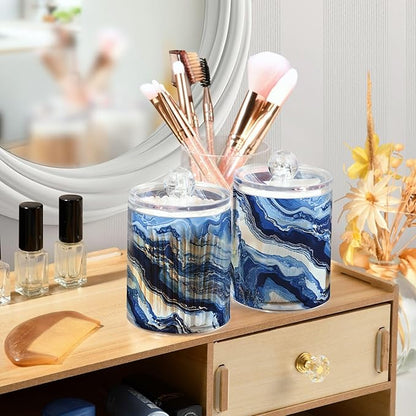MNSRUU 4 Pack Qtip Holder Organizer Dispenser Blue Marbling Bathroom Containers Bathroom Vanity Storage Canister Apothecary Jars for Cotton Swabs/Pads/Floss