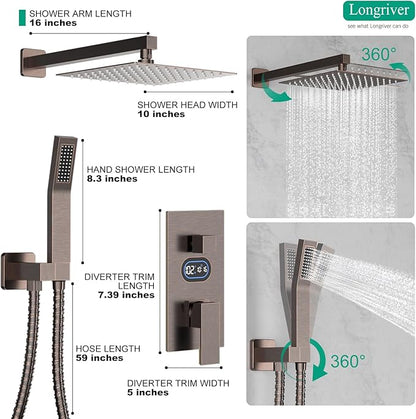 Longriver Shower Faucet Set with Hydro Power Temperature Display, Shower System 10 Inch Shower Head with Handheld Spray, Wall Mounted Shower Fixtures with Shower Valve and Trim Kit, Oil Rubbed Bronze