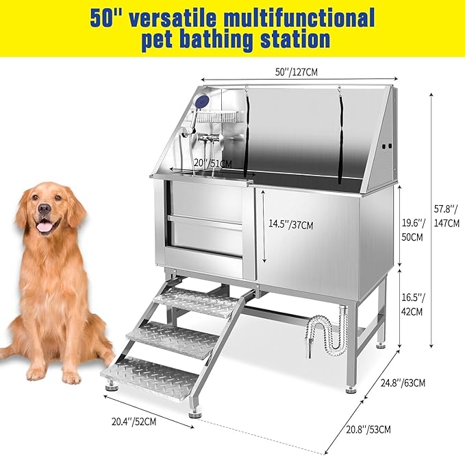 50 Inch Stainless Steel Dog Washing Station, Professional Grooming Tub with Stairs for Large Dogs, Home Bathtub for Pets with Hot & Cold Faucet