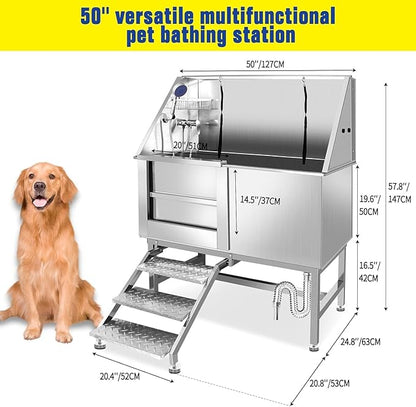 Professional 304 Stainless Steel Dog Bathing Station, 50 inch Pet Grooming Tub with Anti-Slip Ramp, Storage Drawer, Hot/Cold Faucet for Large Medium Small Dogs