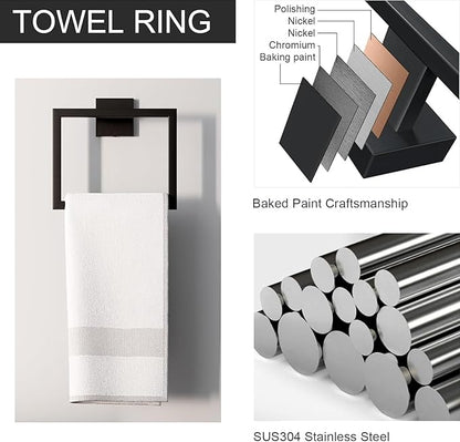 16 in Matte Black Bathroom Accessories Set, Bath Towel Bar Set, Stainless Steel Bathroom Hardware Set, Towel Racks for Bathroom Wall Mounted 5 Pcs （Black）