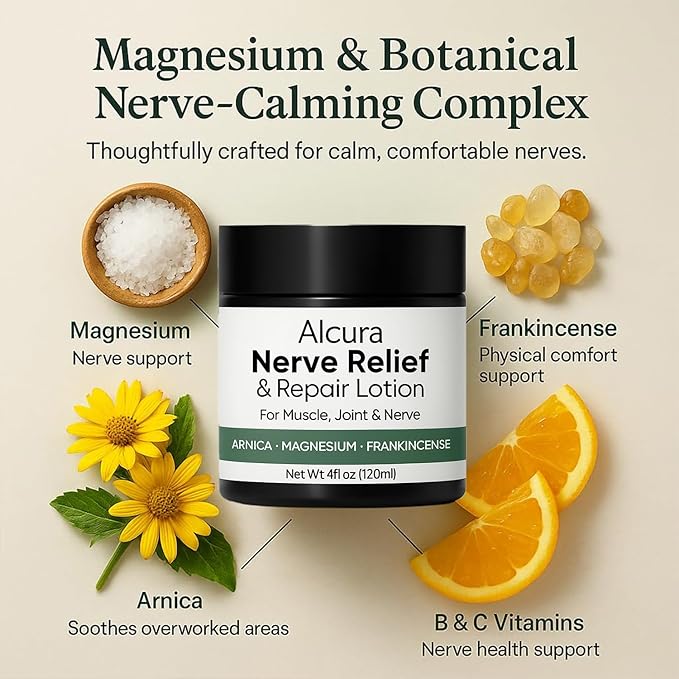 Alcura Nerve Cream, Alcura Neuropathy Lotion with Arnica, Magnesium for Body, Joint, Knee, Lumbar, Neck, Hand and Feet – 4 fl oz (1)